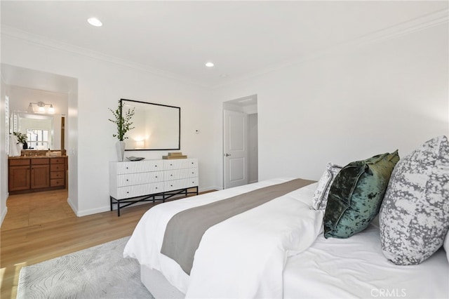 26 Los Indios, Irvine, CA 92618 - bedroom with light wood-style floors, crown molding, recessed lighting, and ensuite bathroom