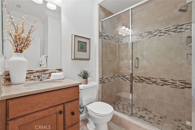 26 Los Indios, Irvine, CA 92618 - full bathroom featuring vanity, a shower stall, tasteful backsplash, and crown molding