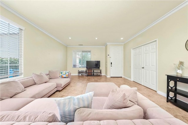 39423 Rowan Ct, Palmdale, CA 93551 - living room featuring light tile patterned floors, crown molding, and recessed lighting