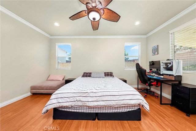 39423 Rowan Ct, Palmdale, CA 93551 - bedroom with light wood-style floors, a desk, ornamental molding, a ceiling fan, and recessed lighting