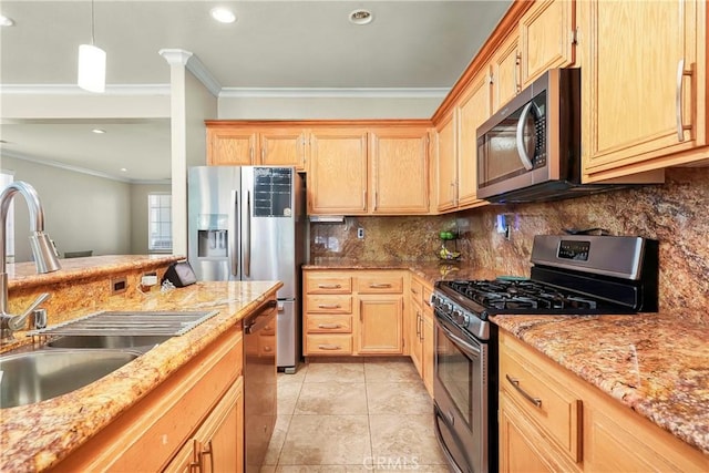 39423 Rowan Ct, Palmdale, CA 93551 - kitchen with appliances with stainless steel finishes, crown molding, decorative backsplash, light brown cabinets, and recessed lighting