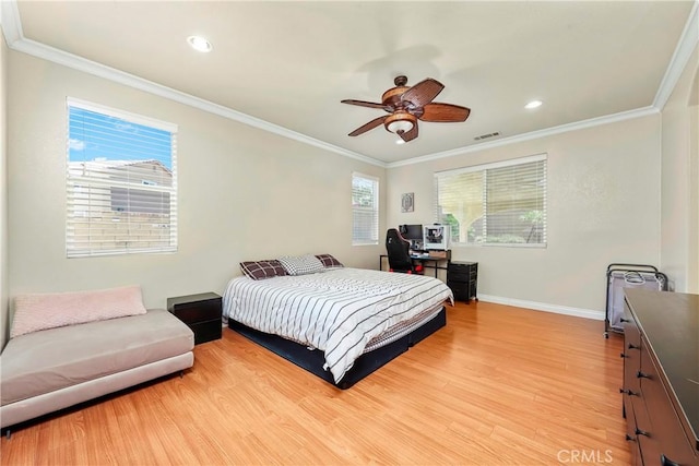 39423 Rowan Ct, Palmdale, CA 93551 - bedroom with light wood-type flooring, ornamental molding, recessed lighting, and ceiling fan