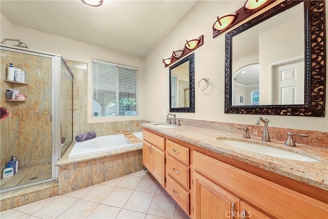 39423 Rowan Ct, Palmdale, CA 93551 - bathroom with a bath, tile patterned floors, a stall shower, and double vanity