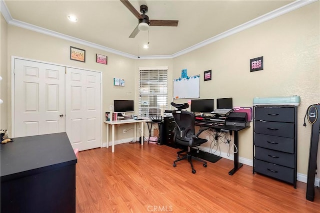 39423 Rowan Ct, Palmdale, CA 93551 - office featuring ornamental molding, ceiling fan, and wood finished floors