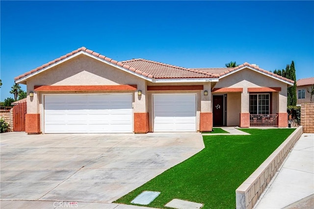 39423 Rowan Ct, Palmdale, CA 93551 - ranch-style house featuring driveway, an attached garage, stucco siding, a porch, and a tile roof