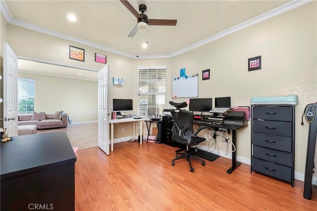 39423 Rowan Ct, Palmdale, CA 93551 - office with a ceiling fan, ornamental molding, and light wood-style flooring
