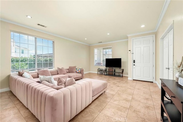 39423 Rowan Ct, Palmdale, CA 93551 - living area featuring light tile patterned flooring, ornamental molding, and recessed lighting