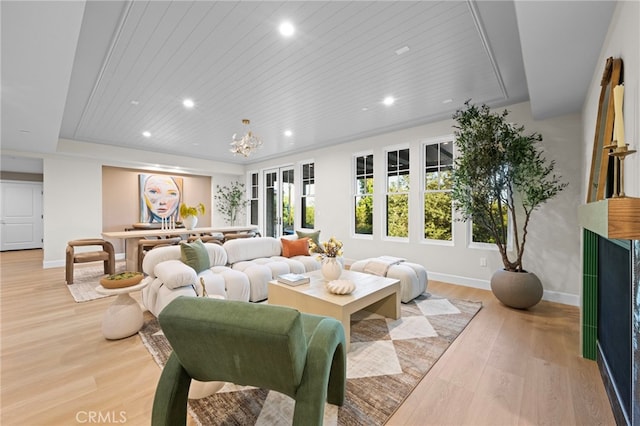 600 Baldwin Ct, Sierra Madre, CA 91024 - living area featuring wood ceiling, light wood finished floors, recessed lighting, and a chandelier
