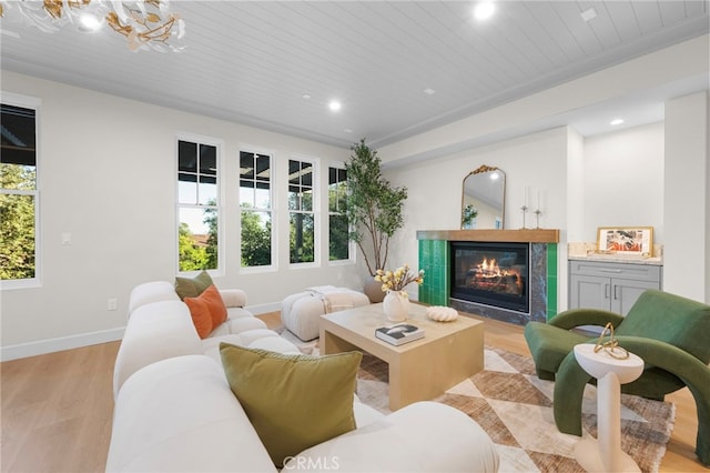600 Baldwin Ct, Sierra Madre, CA 91024 - living area featuring light wood-style floors, a fireplace, wood ceiling, and recessed lighting