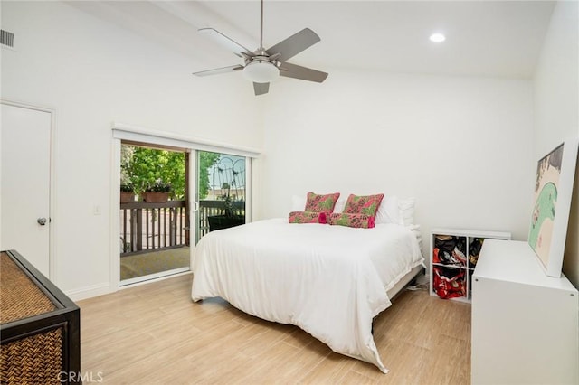 16521 Grunion Ln Unit 207, Huntington Beach, CA 92649 - bedroom with access to outside, light wood-style flooring, high vaulted ceiling, recessed lighting, and a ceiling fan