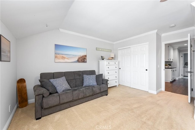 968 Saddlehorn Pl, Newbury Park, CA 91320 - living room featuring carpet, ornamental molding, and vaulted ceiling