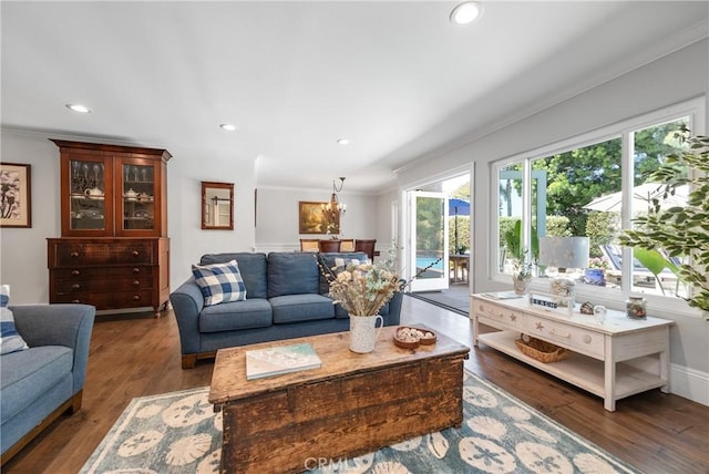 968 Saddlehorn Pl, Newbury Park, CA 91320 - living area with ornamental molding, wood finished floors, and recessed lighting