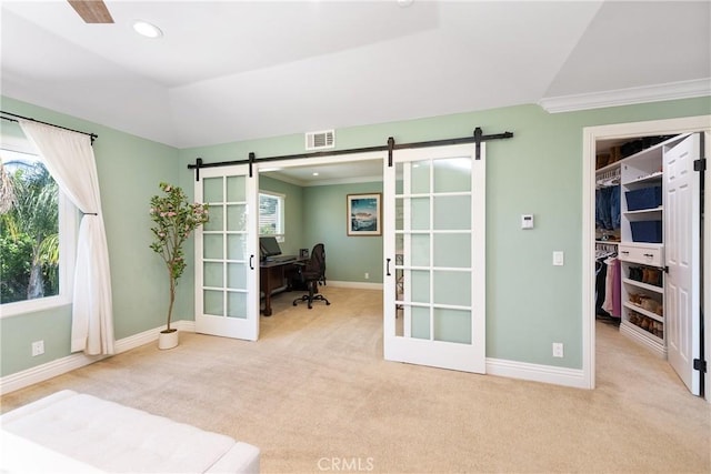 968 Saddlehorn Pl, Newbury Park, CA 91320 - carpeted office space featuring a barn door, crown molding, french doors, recessed lighting, and vaulted ceiling
