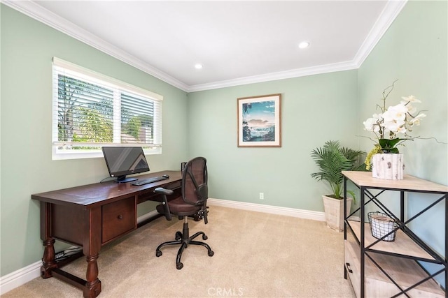 968 Saddlehorn Pl, Newbury Park, CA 91320 - office area featuring light carpet, crown molding, and recessed lighting