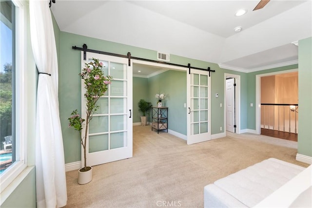 968 Saddlehorn Pl, Newbury Park, CA 91320 - living area with a barn door, carpet flooring, ornamental molding, recessed lighting, and a ceiling fan