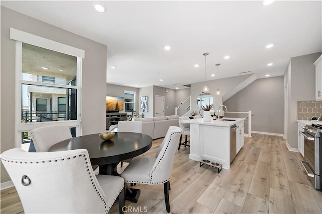 2890 Via Alta Pl, San Diego, CA 92108 - dining space featuring light wood-style floors, plenty of natural light, recessed lighting, and stairway