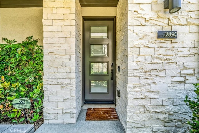 2890 Via Alta Pl, San Diego, CA 92108 - doorway to property with stone siding