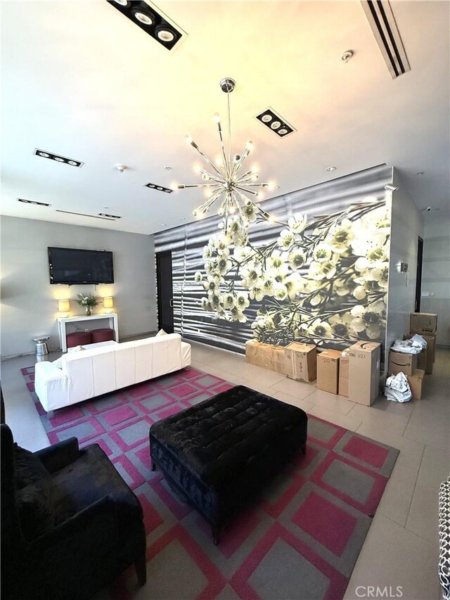 1234 Wilshire Blvd Unit 330, Los Angeles, CA 90017 - tiled living room with a chandelier