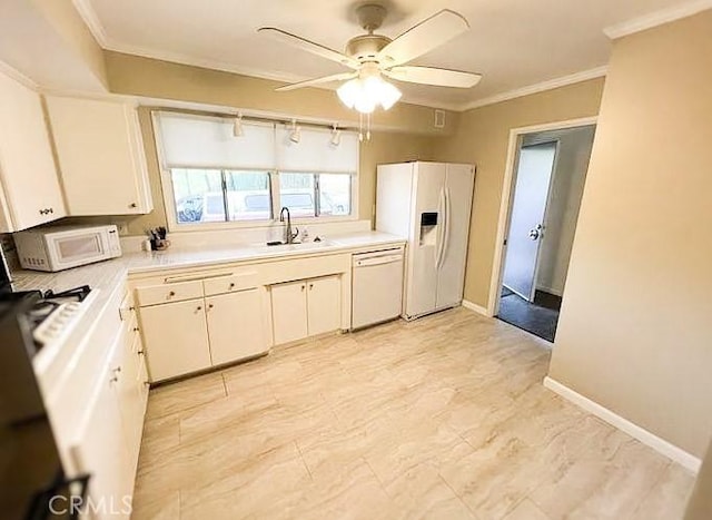 622 Esther Way, Redlands, CA 92373 - kitchen with white appliances, light countertops, white cabinetry, and ornamental molding