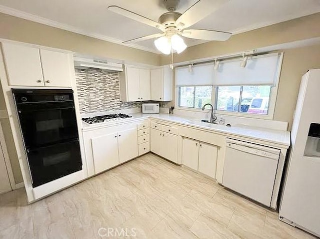 622 Esther Way, Redlands, CA 92373 - kitchen featuring white appliances, light countertops, ceiling fan, backsplash, and ornamental molding