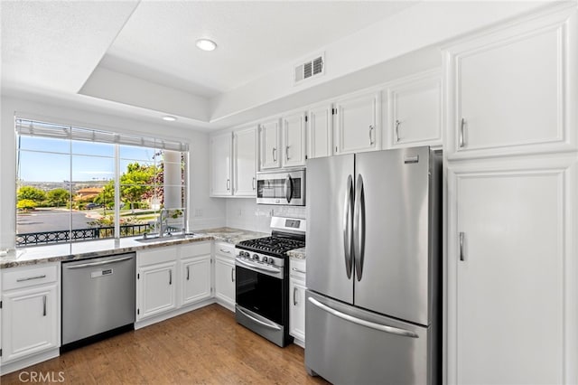 27884 Via De Costa, San Juan Capistrano, CA 92675 - kitchen featuring stainless steel appliances, white cabinets, light stone countertops, wood finished floors, and recessed lighting