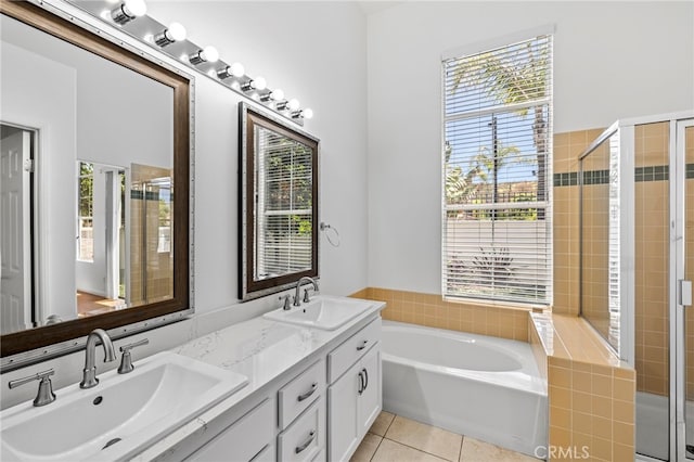 27884 Via De Costa, San Juan Capistrano, CA 92675 - full bathroom with tile patterned flooring, a shower stall, double vanity, a bath, and healthy amount of natural light