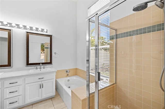 27884 Via De Costa, San Juan Capistrano, CA 92675 - bathroom with a stall shower, vanity, a garden tub, and tile patterned flooring