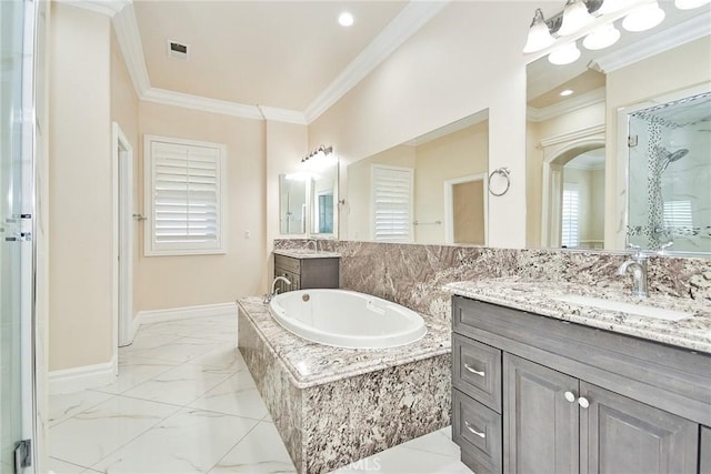 15446 Skyridge Dr, Riverside, CA 92503 - bathroom with crown molding, two vanities, marble finish flooring, a shower stall, and a bath