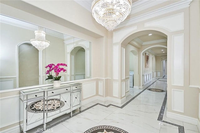 15446 Skyridge Dr, Riverside, CA 92503 - corridor with a decorative wall, a chandelier, ornamental molding, marble tiled flooring, and arched walkways