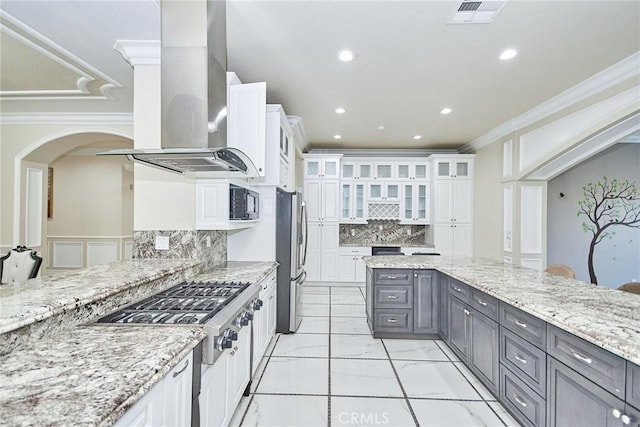 15446 Skyridge Dr, Riverside, CA 92503 - kitchen featuring ventilation hood, stainless steel appliances, crown molding, gray cabinets, and white cabinets