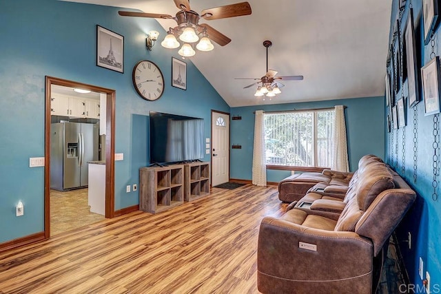 1242 Marshall Rd, Alpine, CA 91901 - living room featuring ceiling fan, light wood-style flooring, and high vaulted ceiling