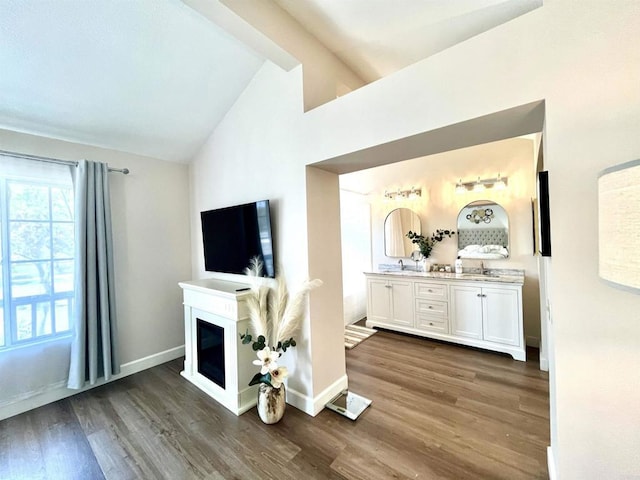 13425 Via Almeria, Tustin, CA 92782 - living room featuring dark wood-style flooring, a fireplace, and high vaulted ceiling