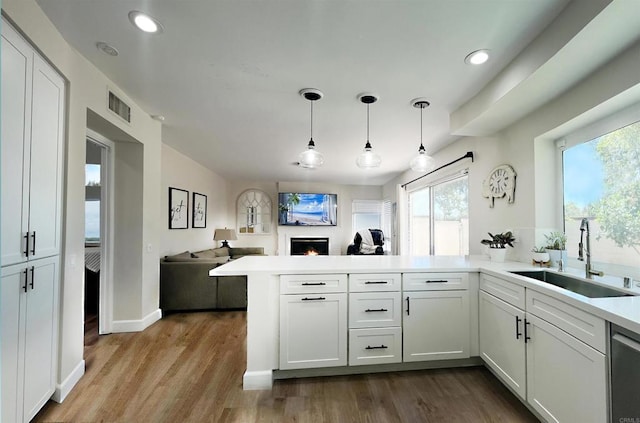 13425 Via Almeria, Tustin, CA 92782 - kitchen featuring a peninsula, a lit fireplace, open floor plan, stainless steel dishwasher, and recessed lighting