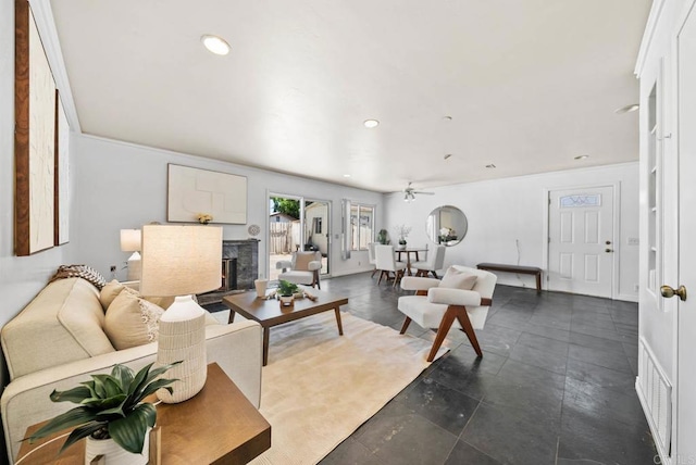 7439 Carrie Ridge Way, San Diego, CA 92139 - living room featuring a fireplace, recessed lighting, and ceiling fan