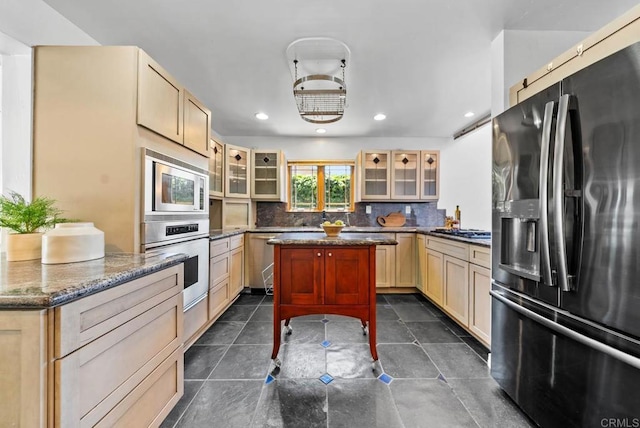7439 Carrie Ridge Way, San Diego, CA 92139 - kitchen with stainless steel appliances, glass insert cabinets, tasteful backsplash, a kitchen island, and recessed lighting