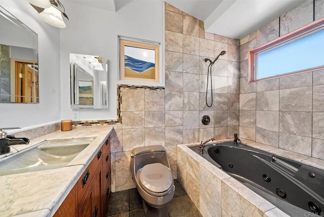 7439 Carrie Ridge Way, San Diego, CA 92139 - full bath featuring vanity, tile walls, and a combined bath / shower with jetted tub
