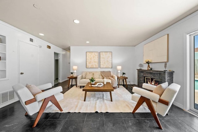 7439 Carrie Ridge Way, San Diego, CA 92139 - living room featuring a premium fireplace, recessed lighting, and ornamental molding