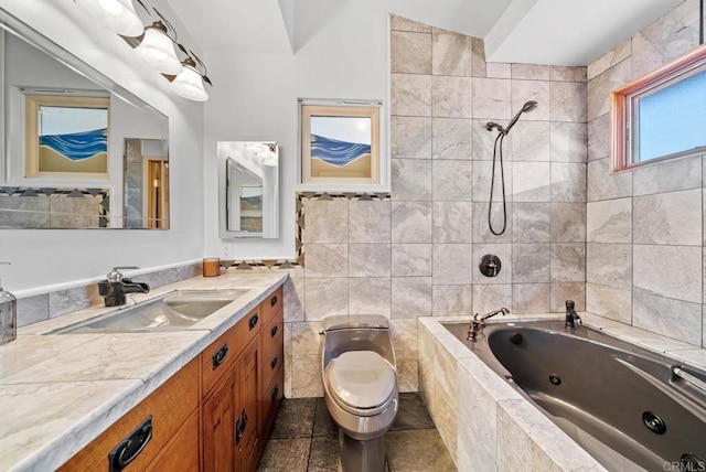 7439 Carrie Ridge Way, San Diego, CA 92139 - bathroom with vanity, a combined bath / shower with jetted tub, and tile walls