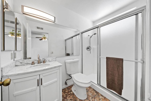 7439 Carrie Ridge Way, San Diego, CA 92139 - bathroom featuring a ceiling fan, vanity, and a shower stall