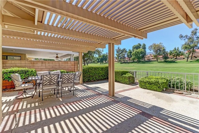 1255 S Upland Hills Dr S, Upland, CA 91786 - view of patio with outdoor dining area, a pergola, view of golf course, and a ceiling fan