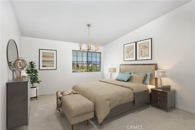 33072 Ocean Rdg, Dana Point, CA 92629 - bedroom with vaulted ceiling, a chandelier, and light carpet