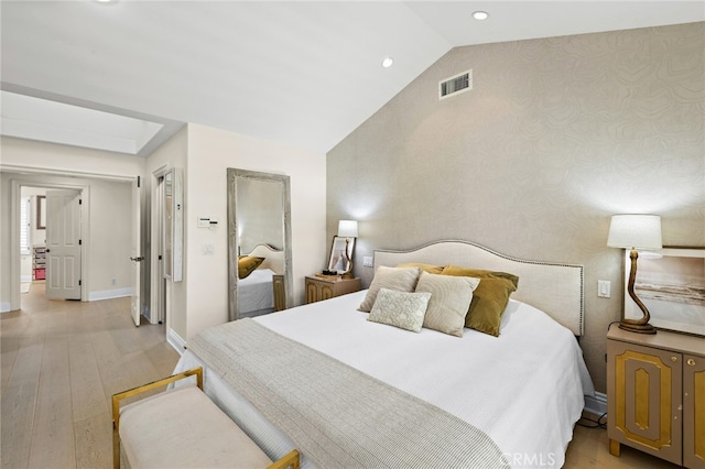 2719 Vista Umbrosa, Newport Beach, CA 92660 - bedroom with light wood-style flooring, lofted ceiling, recessed lighting, and wallpapered walls