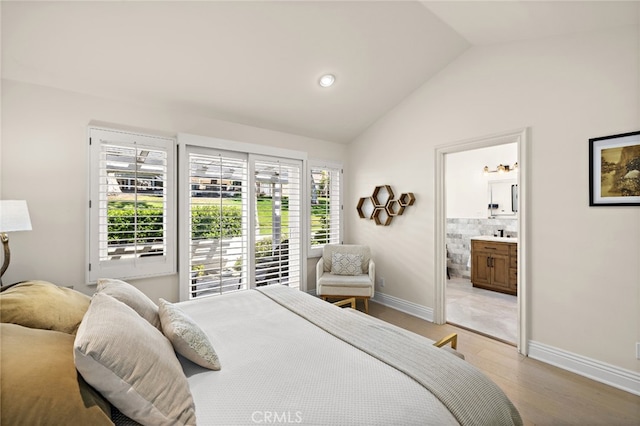 2719 Vista Umbrosa, Newport Beach, CA 92660 - bedroom featuring lofted ceiling, light wood-style flooring, and ensuite bathroom