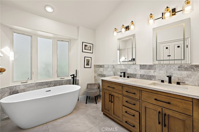 2719 Vista Umbrosa, Newport Beach, CA 92660 - full bath featuring double vanity, a soaking tub, and tile walls