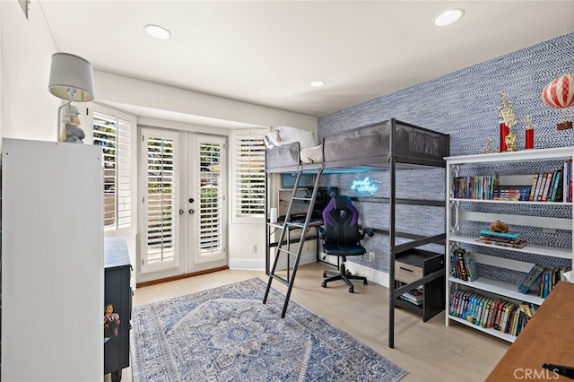 2719 Vista Umbrosa, Newport Beach, CA 92660 - bedroom with french doors, access to outside, recessed lighting, and wood finished floors
