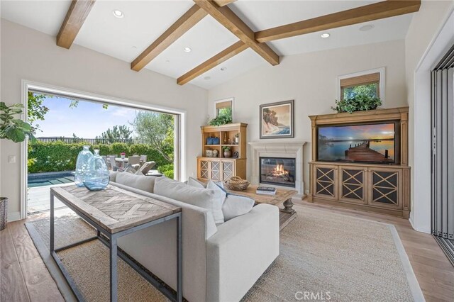 3 Stockmen Rd, Ladera Ranch, CA 92694 - living area with light wood-style floors, healthy amount of natural light, a glass covered fireplace, and recessed lighting