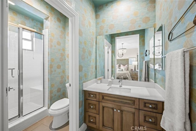 3 Stockmen Rd, Ladera Ranch, CA 92694 - bathroom with a shower stall, vanity, wallpapered walls, ensuite bath, and tile patterned flooring