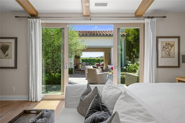 3 Stockmen Rd, Ladera Ranch, CA 92694 - bedroom featuring beamed ceiling, access to outside, and wood finished floors