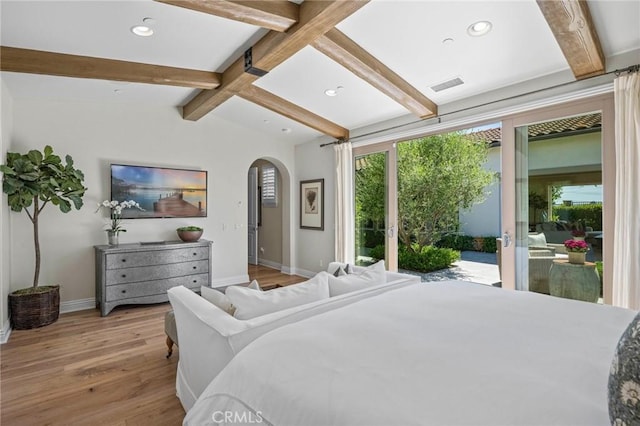 3 Stockmen Rd, Ladera Ranch, CA 92694 - bedroom with access to outside, arched walkways, light wood-style flooring, and recessed lighting