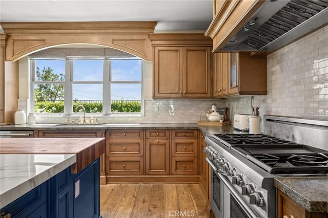 3 Stockmen Rd, Ladera Ranch, CA 92694 - kitchen with stainless steel stove, ventilation hood, and brown cabinets